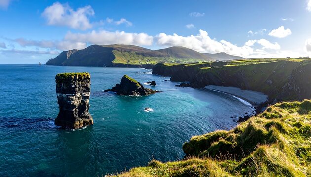 A breathtaking coastal scene showcasing a dramatic rock stack rising from the turquoise water, surrounded by lush green cliffs and a tranquil bay. - Powered by Adobe