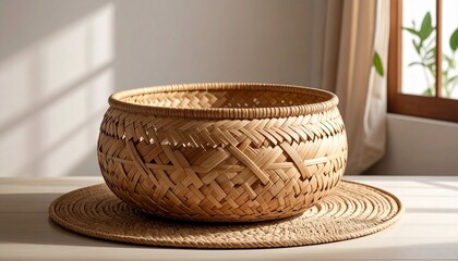 Round woven basket with spiral base and interlaced sides made from natural rattan
