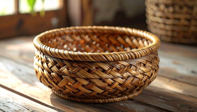 Round woven basket with spiral base and interlaced sides made from natural rattan