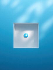A digital padlock rests in a minimalist white space against a calming blue backdrop, symbolizing security and potential in digital innovation.