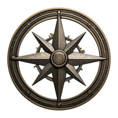 Intricate bronze compass rose design, featuring a star-shaped element, encircled by a detailed patterned ring against a stark black background, conveying exploration and navigation, with a vintage,...