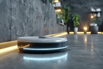 Futuristic robotic vacuum cleaner glides over an empty grey floor with ambient side lighting