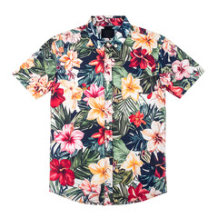 A stylish short-sleeved button-down shirt featuring a vibrant floral pattern dominates the center of the composition against a solid black backdrop, showcasing vivid colors and detailed textures,...