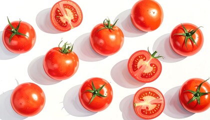 A vibrant arrangement of whole and halved tomatoes, showcasing rich red tones and subtle shadows against a bright white background.