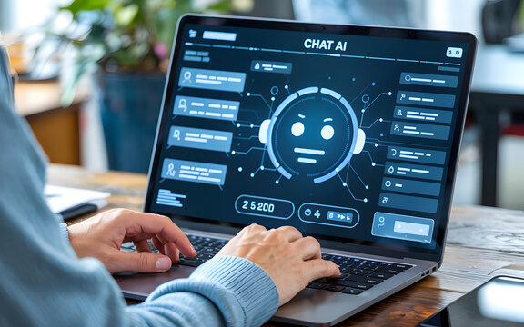 Person using a laptop displaying a chatbot AI interface with a robot avatar artificial intelligence isolated on a transparent background