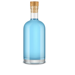 Transparent glass bottle filled with bright blue liquid and sealed with a cork stopper