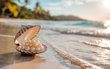 Seashell Full of Pearls on a Tropical Beach Paradise Dreamy Sunrise