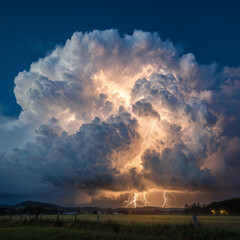  Giant Thunderstorm Cloud Over Flat Farmland Lightning Striking on Distant Horizon Dramatic Storm Sky