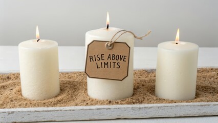 Inspirational Candle with Tag Displaying Rise Above Limits Message