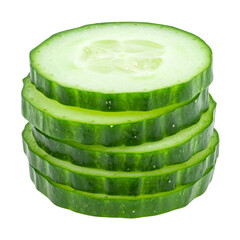 Stacked slices of a fresh cucumber, with visible seeds and a bright green hue, set against a solid black background, showcasing the textured skin and the refreshing look of the vegetable.