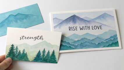 Inspirational Watercolor Mountain Art with Motivational Quotes