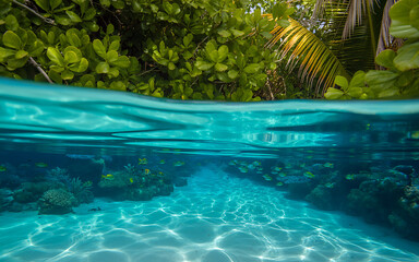 Split View of Tropical Paradise A Vibrant Coral Reef and Lush Green Foliage Underwater Beauty and Coastal Serenity