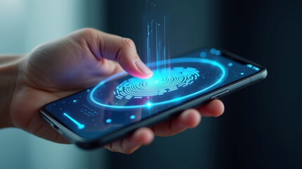 Close up of human finger scanning fingerprint on smartphone screen, symbolizing biometric authentication, privacy, and secure digital access