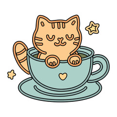 Cute cat sitting inside a large teacup surrounded by tiny stars and clouds. Hand-drawn doodle illustration in soft pastel colors, with a cozy magical miniature world vibe. Perfect for kids posters, ca