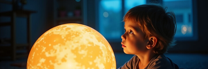Naklejka premium Adorable child with moon lamp looks at large, illuminated sphere in dark room. Moon lamp provides soft light on cute face. Child with moon lamp in dark interior symbolizes dreams, imagination,