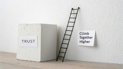 Minimal ladder leaning against white wall with block