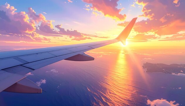 Fototapeta Breathtaking aerial view of a sunset over the ocean, seen from an airplane wing.  A vibrant display of warm colors paints the sky and water below, highlighting the beauty of travel and adventure.