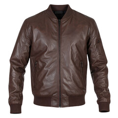 Fashionable brown leather bomber jacket, featuring a ribbed collar, cuffs, and hem, complete with a full zipper closure and two front pockets, isolated against a solid black background, offering a...