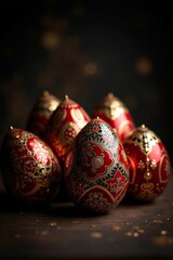 Intricately painted easter eggs with floral patterns on dark background for spring decor