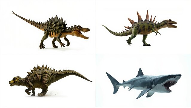 Four different types of dinosaurs on white background illustration backgrounds cartoonish movement elements motion style frame depth gesture layers emotion expression scene design composition