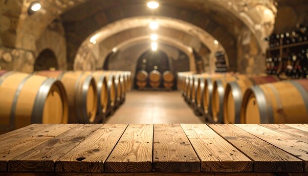 A rustic wooden table top sits atop a blurred background of a wine cellar, filled with aged wine barrels and bottles.
