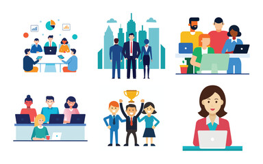 Diverse Business Teamwork and Collaboration in Modern Office Environment Vector Illustration