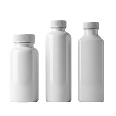 Three white plastic bottles isolated on transparent background