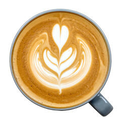 Delightful overhead view showcases a cup of coffee featuring intricate latte art, showcasing a floral design with creamy white patterns in the warm, brown beverage, contrasted by the dark, solid...