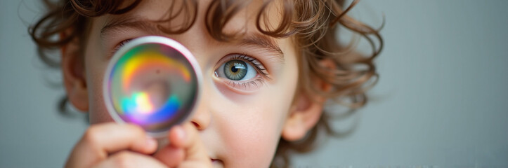 Curly haired child holding lens up to eye, rainbow colors visible. Child plays with lens, exploring light and color spectrum, observing optical effects, experimenting and creating his own perspective.