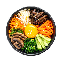 A colorful and appetizing overhead view showcases a beautifully arranged bowl of assorted food components, meticulously placed within a dark bowl against a contrasting black backdrop, emphasizing...