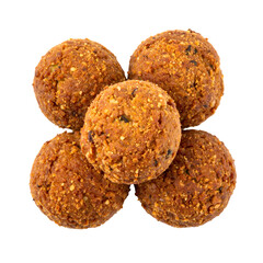 Five golden-brown, round food items are arranged against a stark black background.  These textured items appear crisp, perhaps fried, with visible specks of herbs and spices.