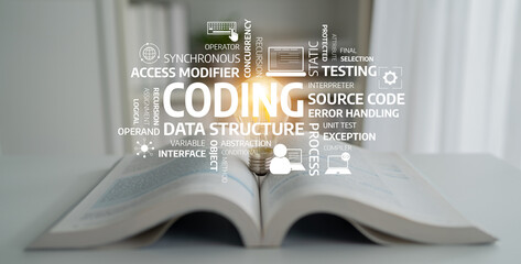 This artistic image showcases a blend of coding terminology with an open book, symbolizing education and learning in the field of technology and programming. Tessel