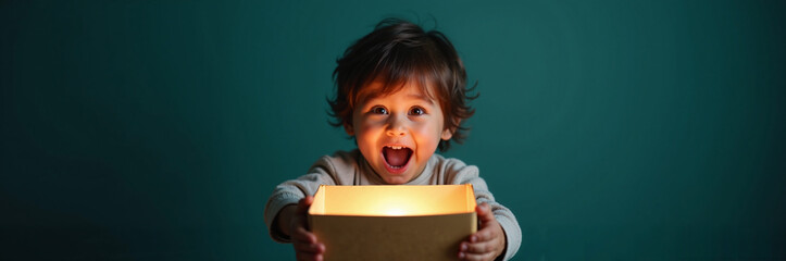 Magic box opens to reveal wonder and joy on child’s face, highlighting pure, childlike wonder. Magic box contains light, and is held in front of dark turquoise backdrop, creating contrast and focus.