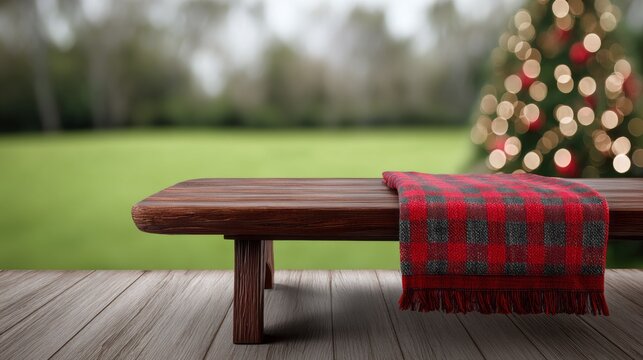 Cozy holiday setting with blank wooden tabletop and plaid blanket near festive tree in serene outdoor background