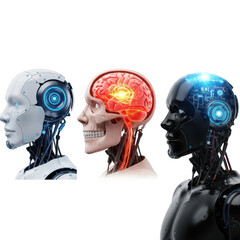 Robotic head, human skull with brain, and futuristic cyborg head isolated on transparent background