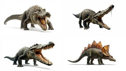 Fototapeta premium A set of four different types dinosaurs background expression creative scene frame illustration backgrounds colorful layers composition cartoonish design movement motion style gesture