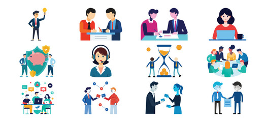 Fototapeta premium Business Teamwork and Collaboration Flat Design Vector Illustration Set for Presentations