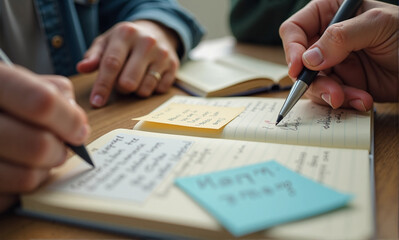 Brainstorming session shows hands writing in notebooks, close up view. Brainstorming involves creative process, taking notes on ideas during meeting, and planning a solution to solve a problem.
