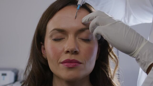 A woman calmly undergoes a facial treatment for electrodesiccation administered by a doctor in a clinical setting.