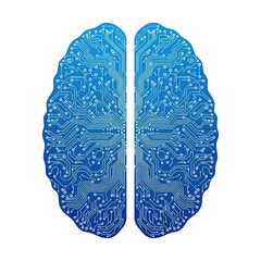 Blue circuit board brain isolated on transparent background