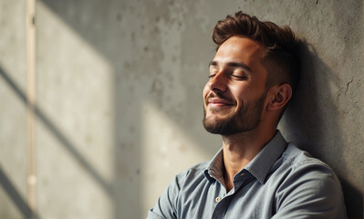 Serene man leaning against wall illuminated by sunlight, eyes closed in peaceful bliss. Calm man enjoys quiet moment in gentle light, embodying relaxation and ease, serene man feels comfort.