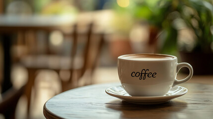 A cup of coffee with beans and latte art in a cafe atmosphere