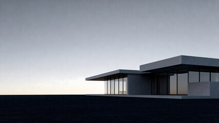 A modern minimalist house featuring large glass windows under a clear sky, showcasing clean lines and contemporary architecture.