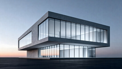 A modern office building with concrete and glass features large windows, set against a clear sky with an empty ground.