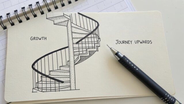 Spiral staircase drawing with pen and text on paper