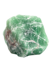 A rough, uncut chunk of vibrant green fluorite crystal, showcasing its natural crystalline structure and subtle white veining, isolated on a clean transparent background