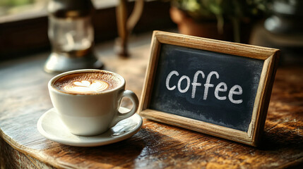 A cup of coffee with beans and latte art in a cafe atmosphere