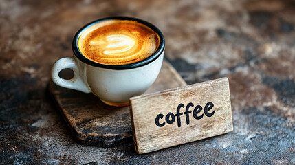 A cup of coffee with beans and latte art in a cafe atmosphere