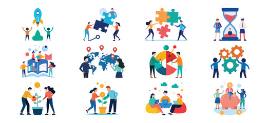 Collection of Business Concepts and Teamwork Illustrations with People Working Together