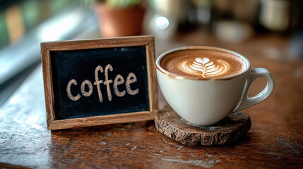 A cup of coffee with beans and latte art in a cafe atmosphere